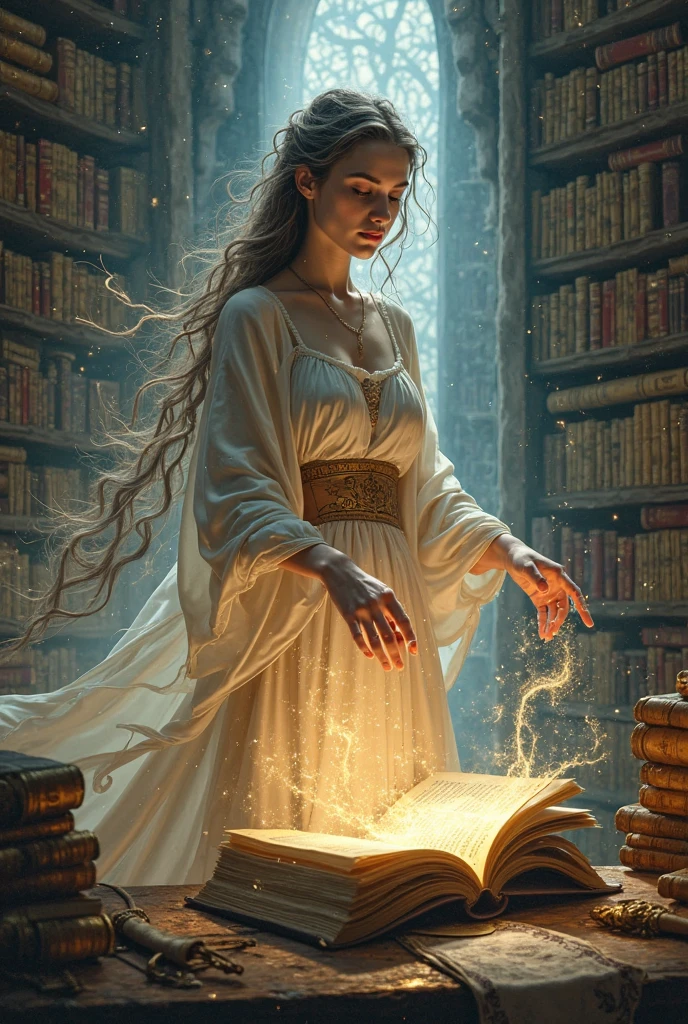high details, best quality, 16k, [ultra detailed], masterpiece, best quality, (extremely detailed), full body, ultra wide shot, (ultra details, Masterpiece, best quality), fantasy art, dnd art, fantasy art, realistic art, a sorceress casting a AlchemyPunkAI spell in magical library (ultra details, Masterpiece, best quality), exquisite beautiful human woman (ultra details, Masterpiece, best quality), (sliver: 1.3) hair, long hair, (long dark dress: 1.2), (white cloak: 1.3), high heeled boots (ultra details, Masterpiece, best quality) AlchemyPunkAI