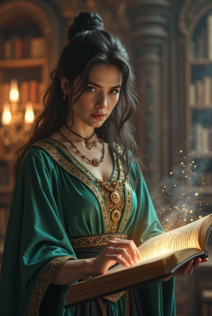 masterpiece, reality, 4k, (medium full shot) of (ethereal fortune teller) young woman, native american, tan skin, light brown eyes, voluptuous build, long brown double buns hair, wearing a velvet cloak , silver velvet gown with mystical designs, wedge heels with mystical accents, red lipstick, tarot cards, bangles, set in an old-world market, with vintage decor, eclectic stalls, mystical ambiance, a hidden fortune tellerâs setup, during twilight, woman smiling