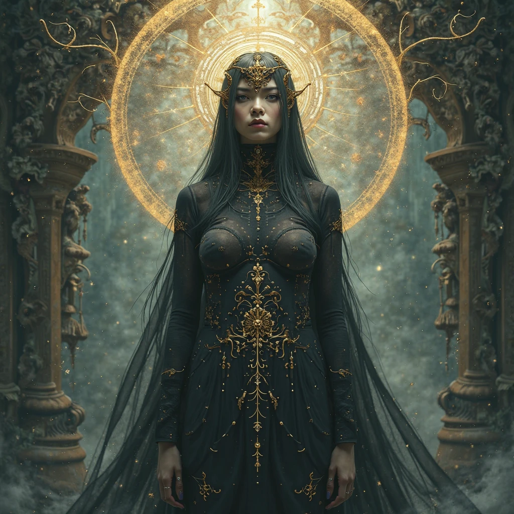 A human figure is meditating in the lotus asana,Glory of darkness triumphant,seraphic deviltry, cosmos,dark green, black and dark grey,female, sweet, three quarter wiew,entire figure from head to toe, fractal background,digital art