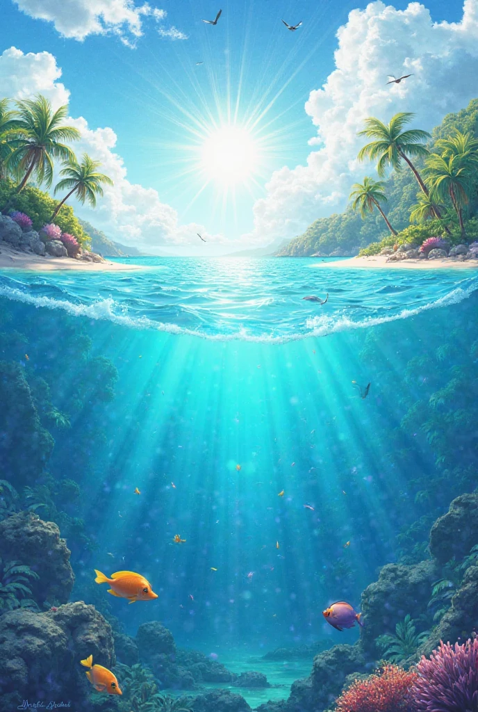 ((A planet made entirely of water, Highest quality, High resolution)), Aerial view, Vast expanses of crystal clear water cover the entire landscape.., ((Blue-green reflects sunlight)), Woman with long hair, Wavy hair that floats gently on the water, ((Introspectively looking out at the horizon)), Calm and quiet, ((Dolphins jumping gracefully in the distance)), ((A rainbow appears after the rain, Add vibrant color)), Detailed depiction of tiny water droplets, ((A fish that swims skillfully underwater)), Mist gently drifting on the water surface, ((Recreating a realistic underwater ecosystem)), Inspired by Yayoi art