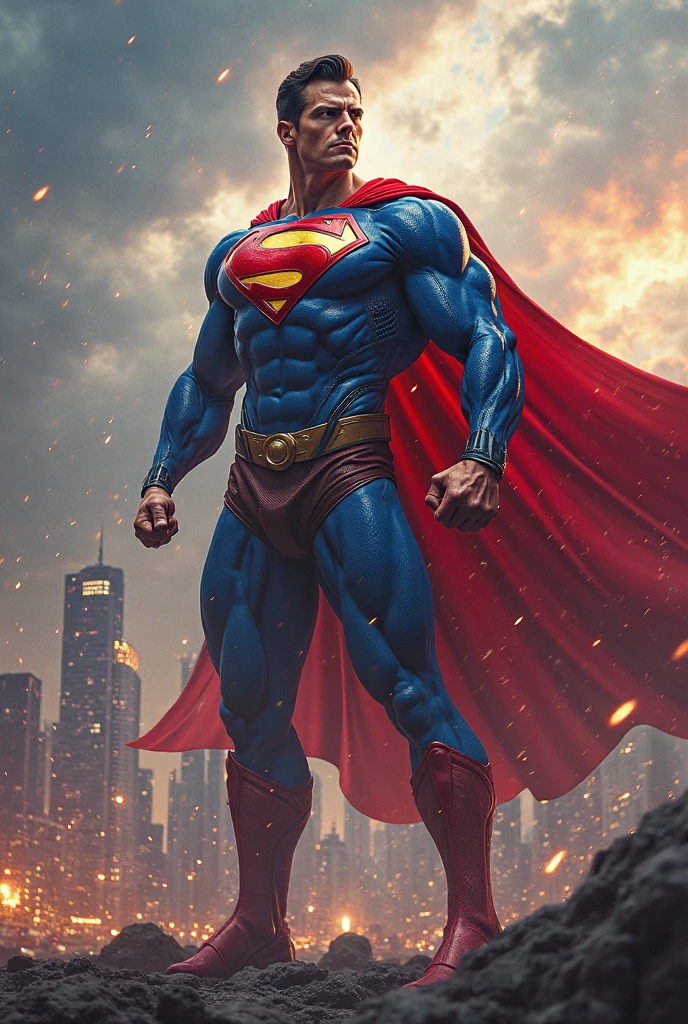 solo, 1girl, 5uper, supergirl, black hair, pixie haircut, blue eyes,muscular strong body,big bulging biceps, blue bodysuit,posing,flexing, long sleeves,high detail,realistic