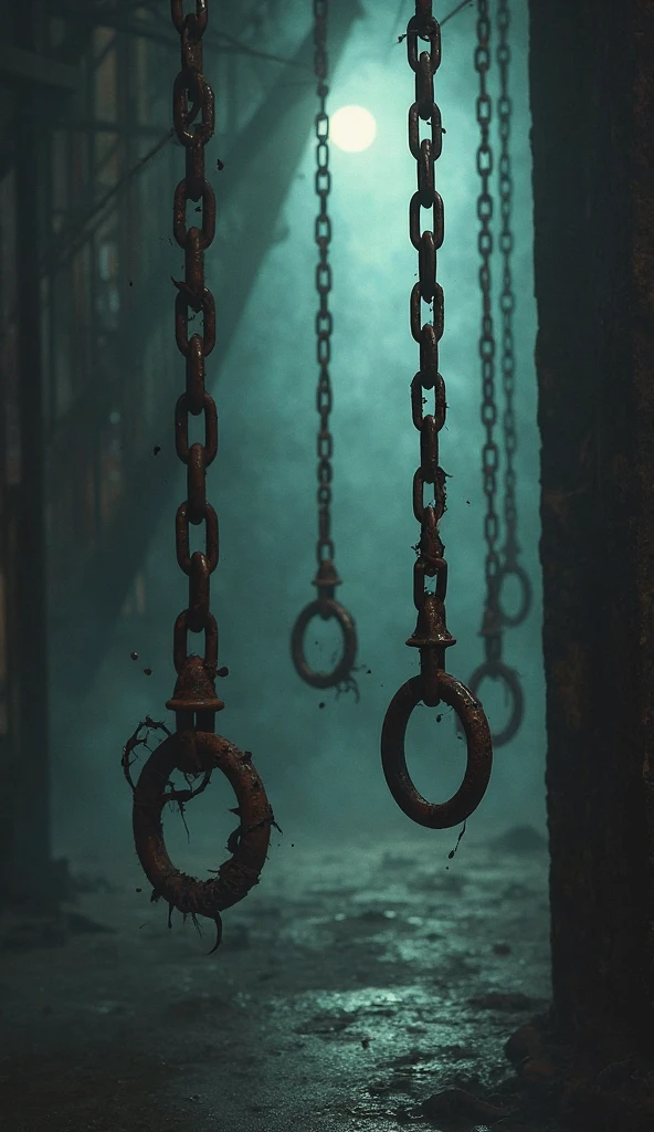 Rusty chains swinging on their own, distorted shadows in the background ...