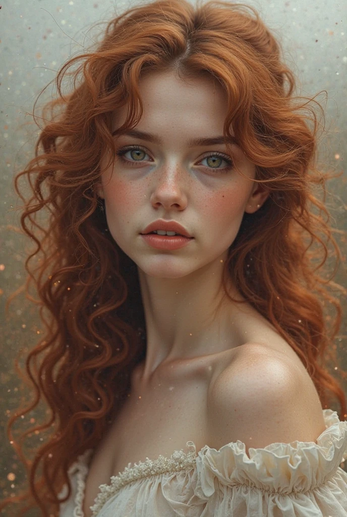 a redheaded girl with curly hair and green eyes, detailed face, beautiful detailed eyes, beautiful detailed lips, extremely detailed face and features, long eyelashes, intricate curly red hair, portrait, realistic, photorealistic, 8k, high quality, masterpiece, detailed lighting, vivid colors, cinematic lighting, dramatic lighting, dramatic colors, fantasy, magical, ethereal ,natural light