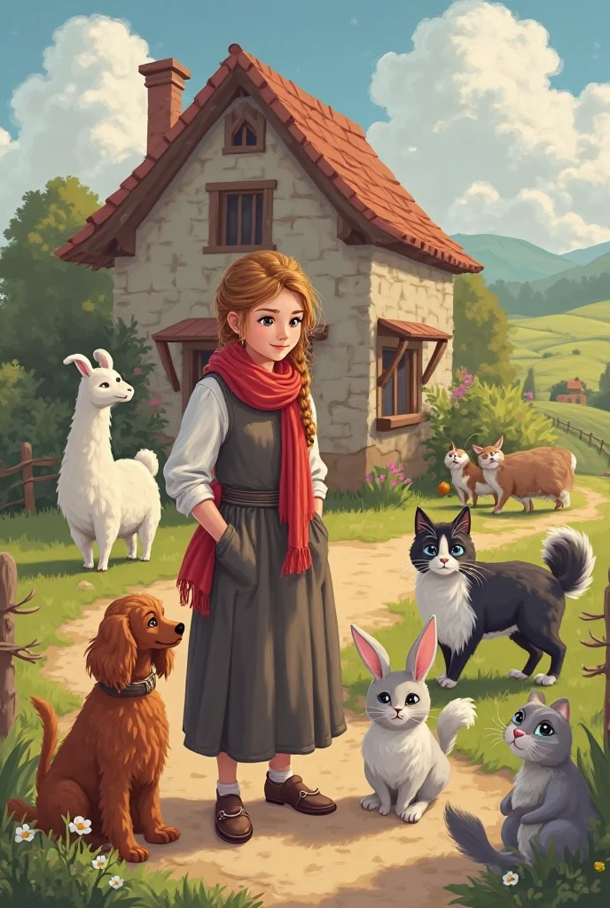 Cute beautiful little girl Virgin dressed up, not looking at the camera, with action, full body, landscape, village, toys from the 90s of the 10th century, small animals, food, experimental tools, magic, oil painting, pop surrealism