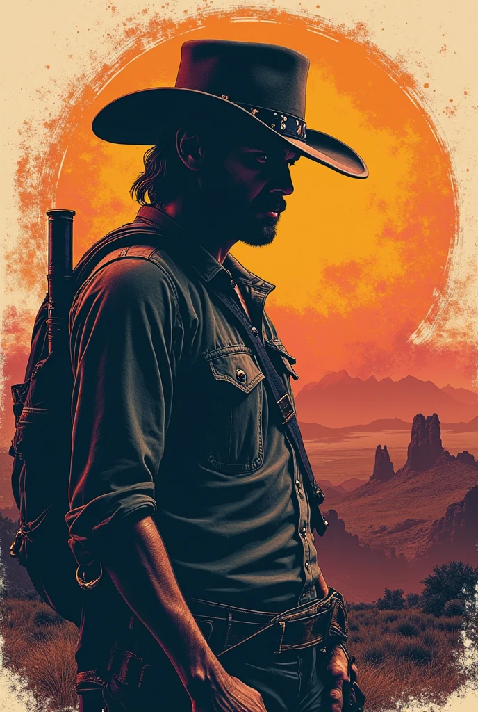 score_9, score_8_up, score_7_up, score_6_up, score_5_up, score_4_up, 1man, Western, Desert, red sun, scorching sun, arid, Horizon, far away, Wild West, red dead Redemption, cartoon art style, Arthur Morgan, Cigarette