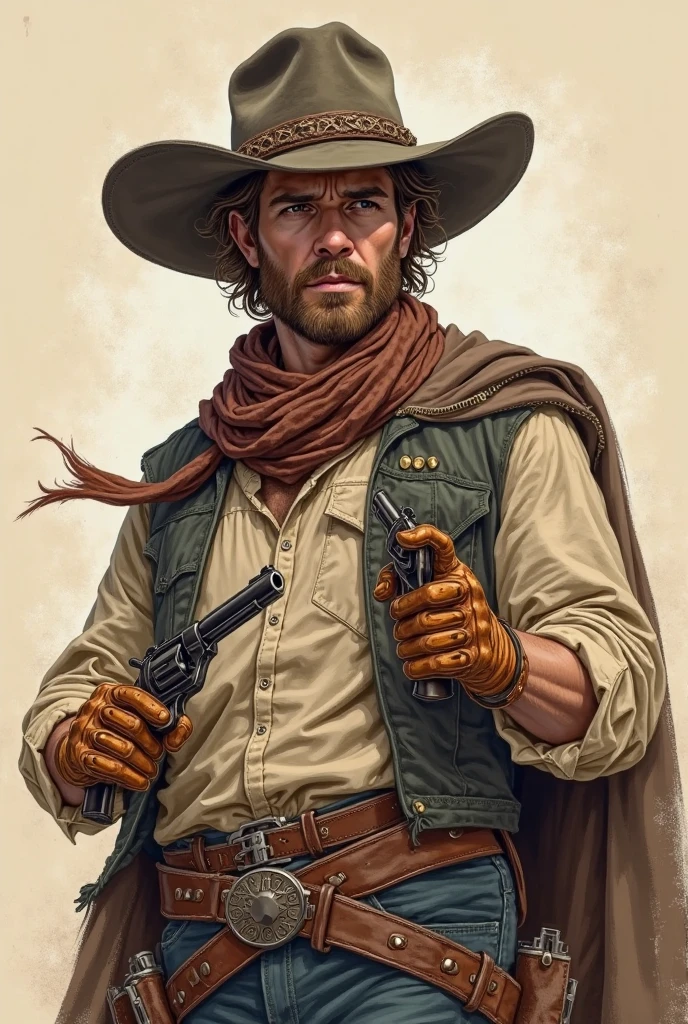 He has combed brown hair and a somewhat unkempt beard. His eyes are brown. Use John Marston from Red Dead Redemption as a reference. He wears a hat with a feather. He also has a scar on his face. He is American, with a strong sense of brotherhood, and is always seen smoking. I would like the art to be in a fantasy RPG style, set in the old west.