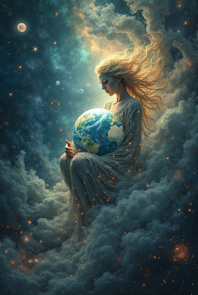 masterpiece、Highest quality、Highest quality、Detailed Description、beautiful、art、Watercolor、Epic、壮大なuniverse、母なるuniverseに抱かれる地球、母なるuniverse、Milky Way、Woman holding the earth、A woman in white clothes holds the earth、壮大なuniverse、universe、4K Graphics