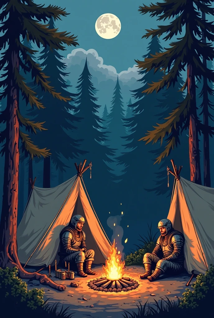"A dense pine forest surrounding a cozy campfire in a 2D RPG 32-bit style. The campfire is casting warm light under the moonlight, creating a peaceful ambiance. Two tired knights, wearing worn armor, are sitting near their tents, having a conversation. Their armor and weapons are resting against the tents. The forest around them is dark and full of tall pine trees, with the glow of the fire illuminating their faces and the surrounding ground. The atmosphere is calm and serene, with soft moonlight filtering through the branches above."