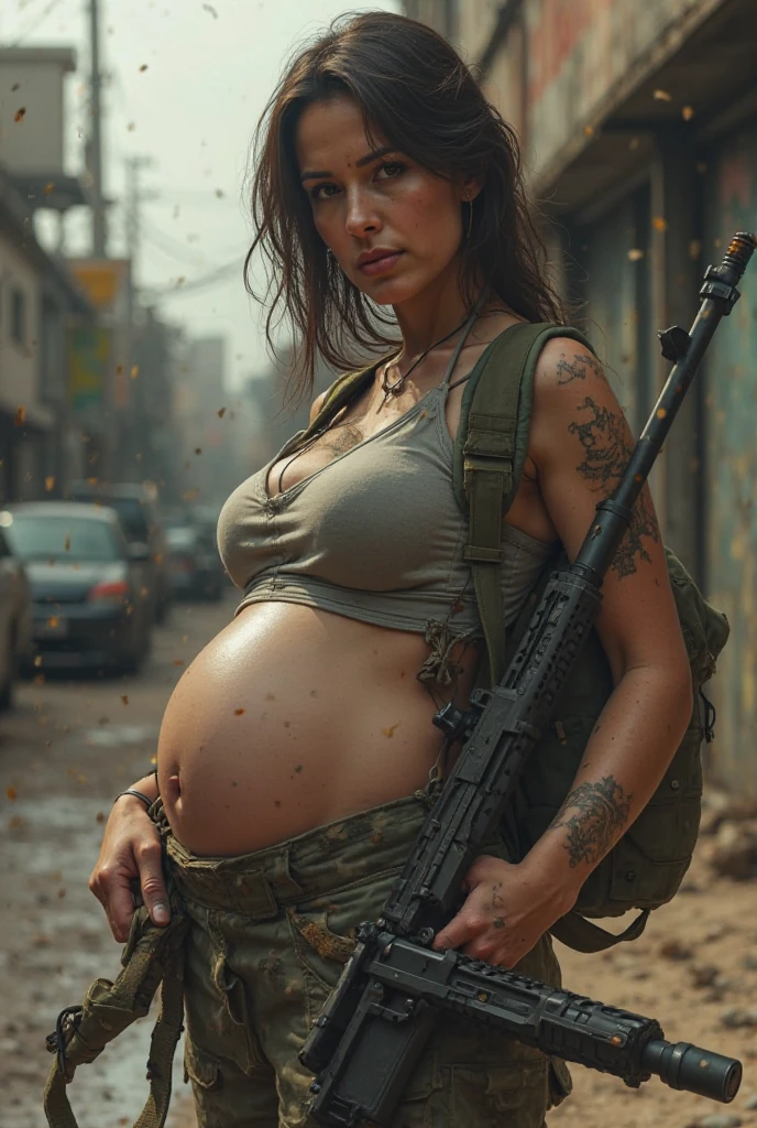 pregnant beautiful tactical soldier combat medic, assault rifle, armor, black cargo pants, black bra, big butt, wounded