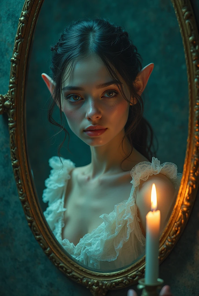 A half bard girl who cuting her hair in front of the mirror in standing position