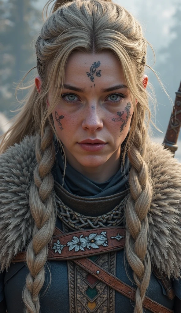 woman viking, assassin's creed, face tattoo, half-bald head, braid hair, armor with fur and leather, full-lenght, snow, high detailed, realistic full-lenght photo