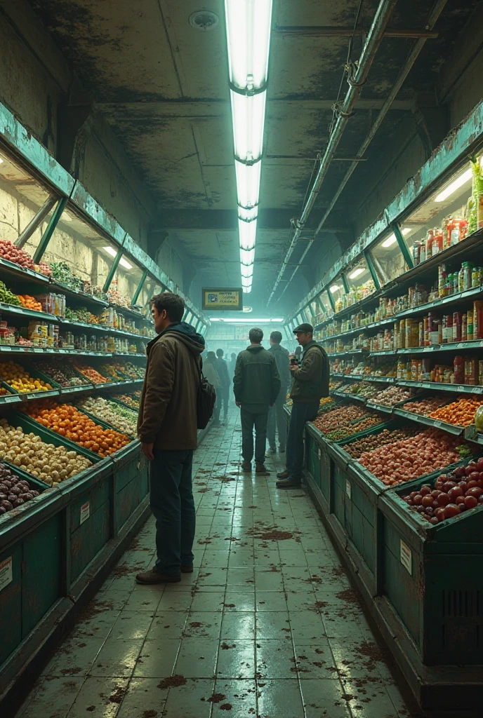 A very thin man with bulging eyes in the fruit section of a supermarket with a shopping cart filled to the brim with pineapples, Young and beautiful women look at him and smile., provocative attitude, real image kodak ultra