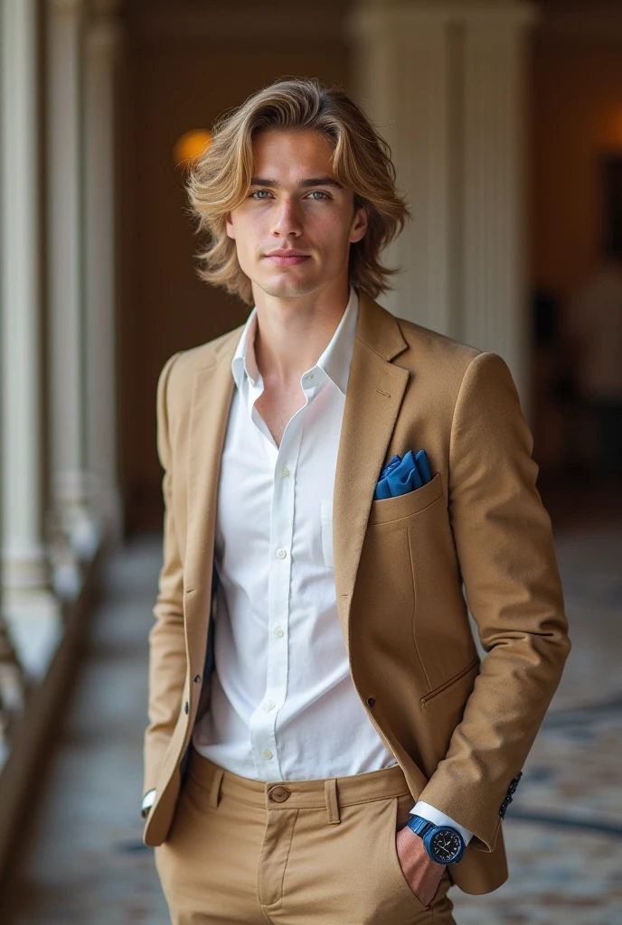 very young man with blonde wavy hair, golden eyes, big smile, cute, wearing a white suit, with white angel wings