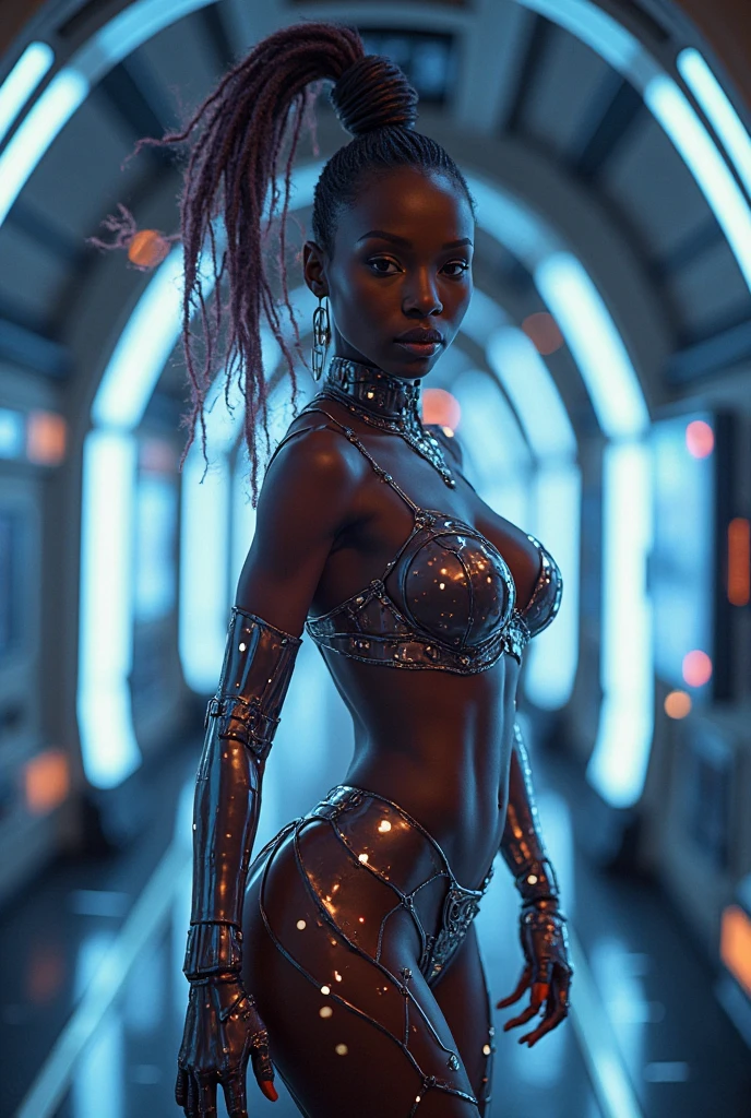 Create an indigenous person with black skin that looks futuristic