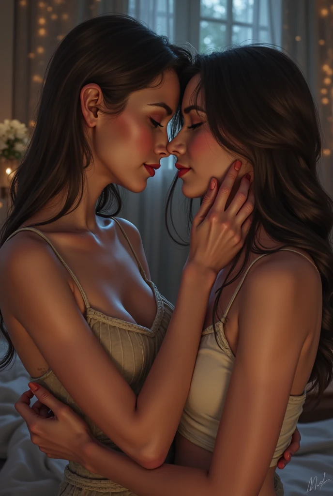 High detailed, 4k, Masterpiece, Cinematic Lighting, late evening, evening atmosphere, bedroom, two voluptuous women with curvy bodies, lying down in bed, kissing each other in passion, naked, ochre negligee, pubic hair, seductive, nsfw, pure desire, braid, depth of field, from above