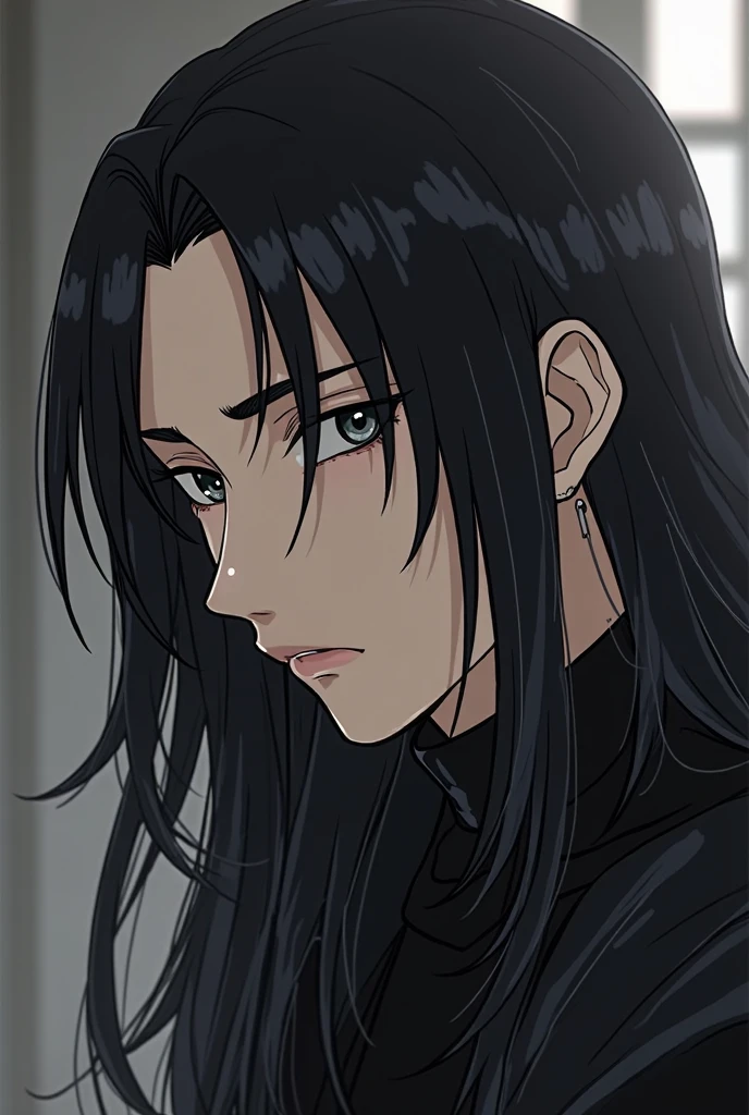Cool, handsome, long hair, male, 2D anime, no shadow, dark, white skin, black hair, drag hair, tied in a bun
