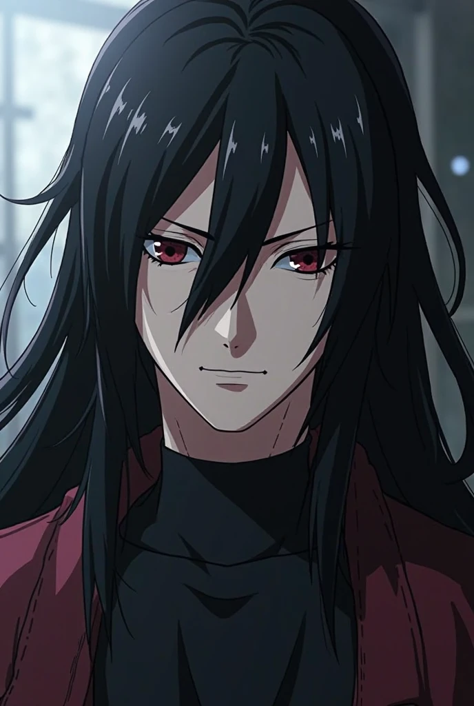 a close up of a person with long hair and a black shirt, with her long black hair, he has dark gray hair, Itachi Uchiha, Aragorn in an anime world , male vampire of the Banu Haqim clan , like an anime character, Madara Uchiha, Itachi Uchiha, itachi, with long dark hair