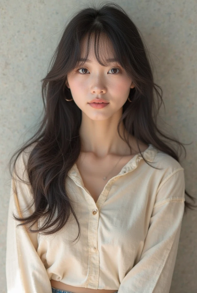 top-quality、​masterpiece、hight resolution、1girl in、独奏、Raw photo、Real person、Detailed skin、japanes、brawn hair、thin bunches of bangs、Medium Hair、Curly hair、Floating hair、fullllbody,cropped shirt、White Room、catchlight