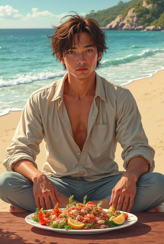 A slender muscular tribal boy wearing a torn and tattered loincloth and an ivory necklace., 10yaers old, Open crotch, Smooth skin, lying on a bed of leaves, bare-legged, wet with sweat, Hot flashes, animesque