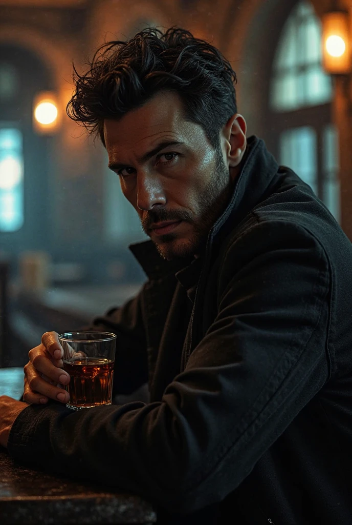 A tall man, brawny, with about 1,90 tall, wearing black leather, turtleneck and long sleeves, medium hair cut in surfer style, made your face strong, serious and seductive but enigmatic. Has blue eyes like a Siberian Husky, well-defined lips and a goatee around the mouth and chin, wears black leather pants and a motorcycle jacket, is about 40 years old, but he seems to be a strong man, Steady, without being effeminate. The scene where he is sitting in a biker bar, drinking vodka and smoking a cigar, has a dangerous air and a sneer.