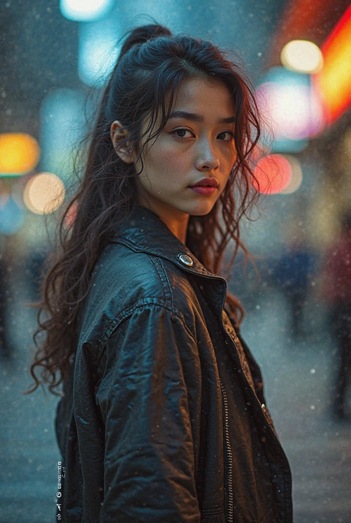 1girl,solo, long hair, Rough skin,(looking at viewer:1.2),  hair,micro_shorts,dark,polaroid,(depth_of_field:1.5),rainy days,outdoors,street,long brown hair , moody lighting, Tyndall effect,Cinematic Lighting,night,lamppost,lens flare,available light,rim light,glowing neon lights,curvy,chinese_style,