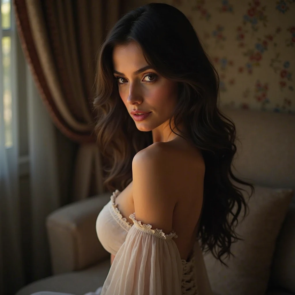The woman pictured is 48 years old, with a mature and serene appearance. Her hair is long and flows smoothly over her shoulders. The skin is dark in tone, reflecting their Brazilian heritage. His facial features reveal a combination of experience and an aura of wisdom. The eyes express calm and depth, while a slight smile suggests a welcoming and confident personality. She is dressed elegantly and comfortably, complementing its confident and distinctive presence. The background of the image highlights its natural beauty, emphasizing your connection to your culture and history.