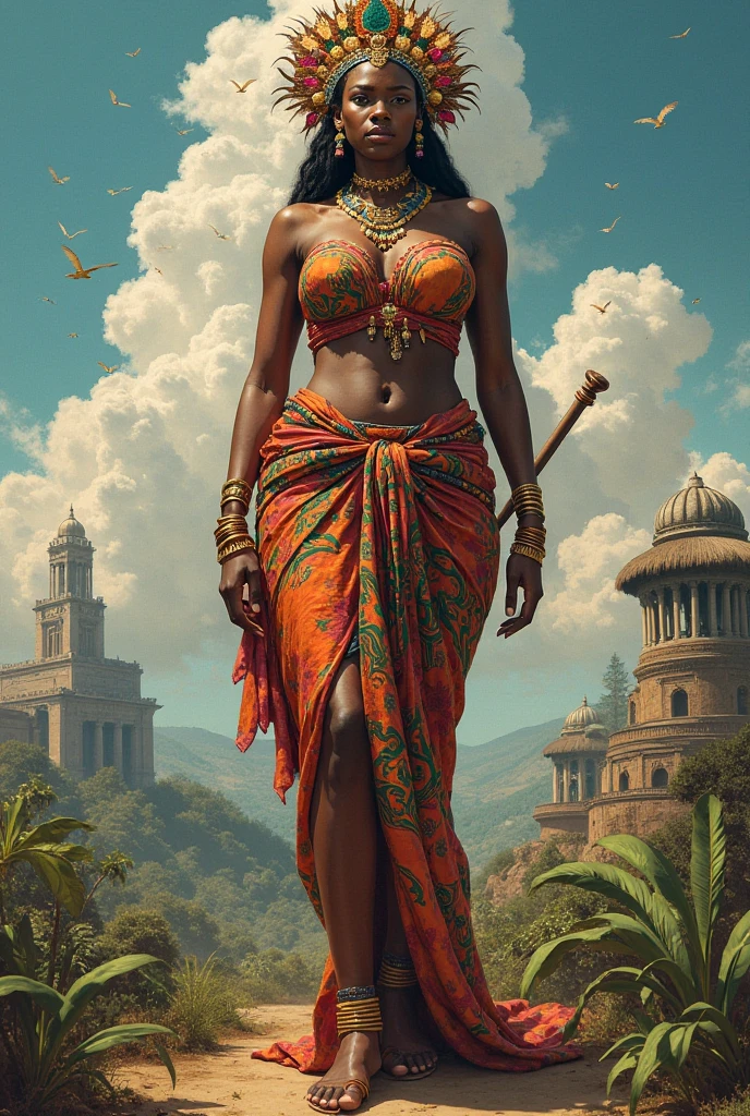 describe a scene of a black woman with curly hair, in red clothes around a storm, she is flying, her presence radiates authority and grace. She is flying and dressed in flowing clothes of deep red, the color that symbolizes her fiery spirit and power over the elements. The red robes swirl around her as if she were dancing in the wind, enhancing her majestic and dynamic appearance. In her right hand, the woman wields a curved dagger that shines with a polished finish. the dagger adorned with intricate carvings and vibrant colors, including shades of red and gold. Around her there are hurricanes and storms, lightning and turbulent winds and lightning highlighting her role as a symbol of her strength and transformative power. The bow is held high, its graceful curve reflecting the turbulent winds and intense energy of the storm around it. The sky is a dramatic tableau of dark, swirling clouds, lit by frequent, irregular flashes of lightning. The storm blows with strong winds, which whip the forest, causing the trees and foliage to sway and rustle. Lightning flashes intermittently, casting an ethereal glow that accentuates the intensity of the scene. The woman stands next to a humble African-style hut that stands proudly in the midst of a dense, lush African forest. The hut is made with traditional materials, showing the simplicity and elegance of Yoruba architecture. The structure features walls made from palm leaves and mud, providing natural insulation and blending perfectly with the surrounding environment. The thatched roof, composed of dried palm leaves, is expertly layered to create a strong and protective covering. The exterior of the hut is adorned with vibrant, hand-painted patterns and symbols in earthy tones and traditional motifs that reflect Yoruba art and spirituality. The entrance is framed by wooden posts and a simple beaded curtain hangs over the door, adding decor and functionality. The cabin's surroundings are lush with tropical foliage,