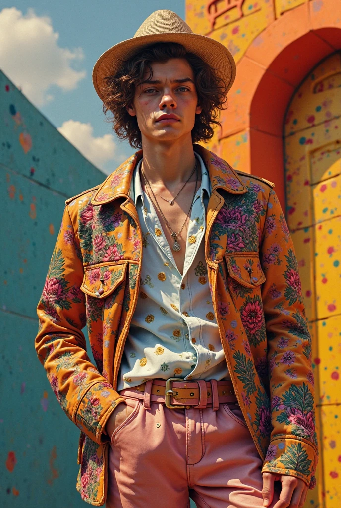 Young man dude hansome dark long hair retro stylish punk vintage 80s in a vintage clothes shop posing cozy vintage store masculine fashion