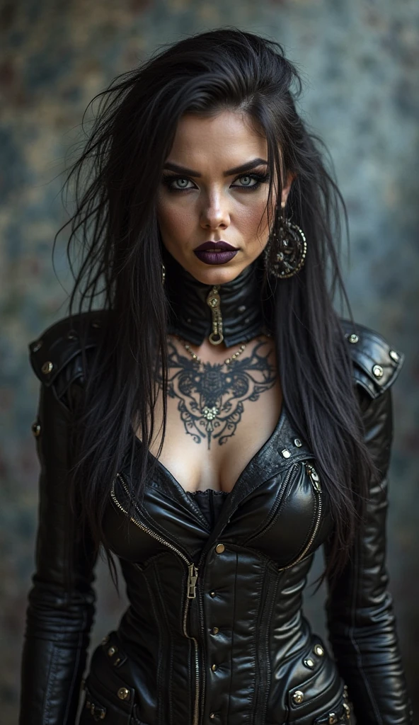 an steampunk girl at a club, (white crop top:1.2), big breast, black and blue leather, tattoo, hyper detailed, ultra sharp, long black hair in braids, 8k, (insanely detailed:1.5), full body photograph, 20 megapixel, canon eos r3, detailed skin, pale skin