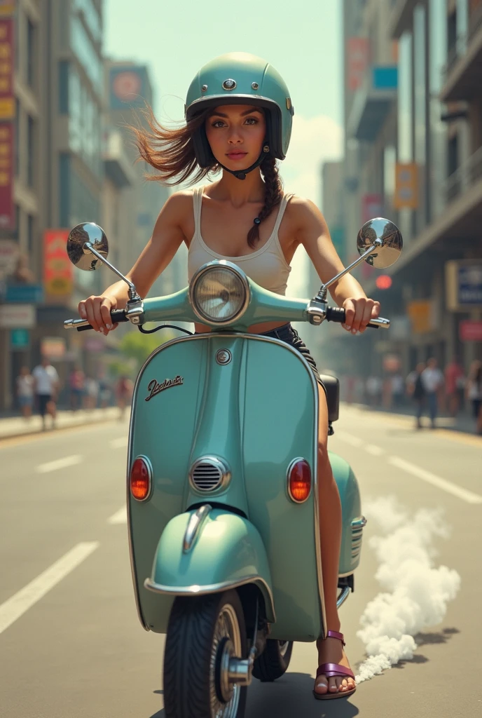 (Masterpiece.UHD.photorealistic analog photography. 1950 style) In a dystopian retro futuristic world. an ultra hot gorgeous European woman.age 23.1950 random hairstyle random hair color, voluptuous curvy figure, perfect round cleavage. Smiling Full lips. Round Baby face. Huge natural breasts (100 DD size). Wearing 40/50´s clothes. She’s a mom with her daughter (she looks worried). Driving a shiny floating over the ground futuristic Vespa.1930 clunky war evil robots. early morning light.