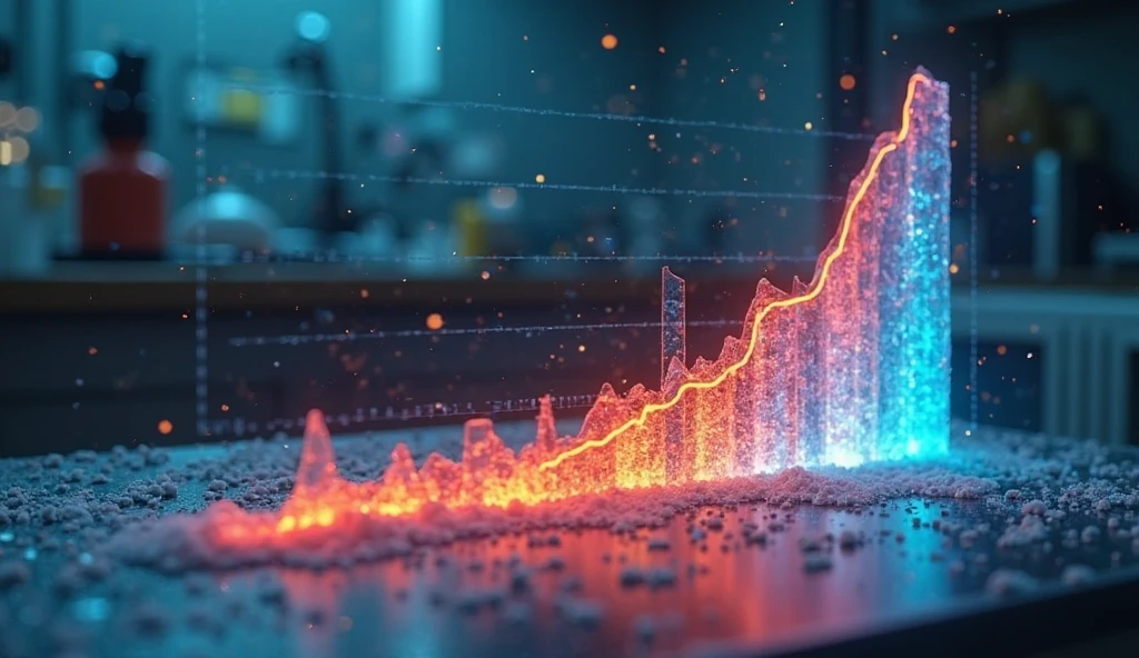 A graph showing the increase in blood sugar levels after consuming a fast food meal, with alarming peaks. The scene is clinical and cold, with vibrant colors that warn of the risk of type 2 diabetes and other complications.
