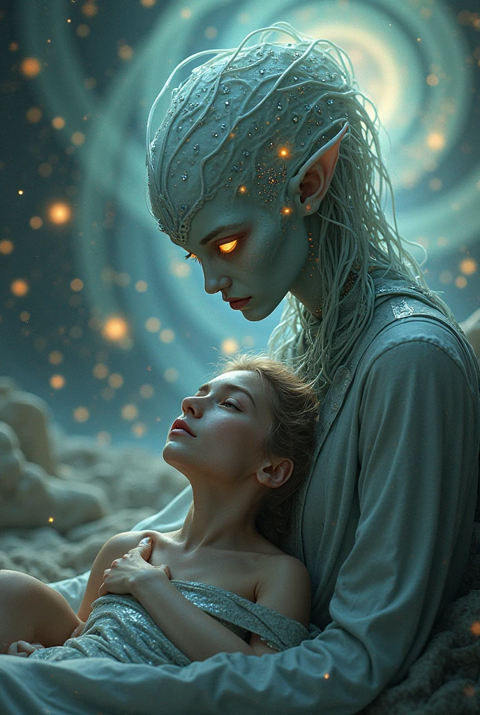breathtaking masterpiece, best quality, highest quality, highly detailed, exquisite, award winning 8K digital painting of an ethereal and (incredibly beautiful female alien:1.4) with luminescent body parts that shimmer like stardust (lying gracefully on a steep cliff:1.2), casting a watchful gaze over (the galaxy:1.33), (a fluffy creature rests on her shoulder:1.8), intricate details, golden ratio, BaroqueAI, v0id3nergy, by Louis Royo