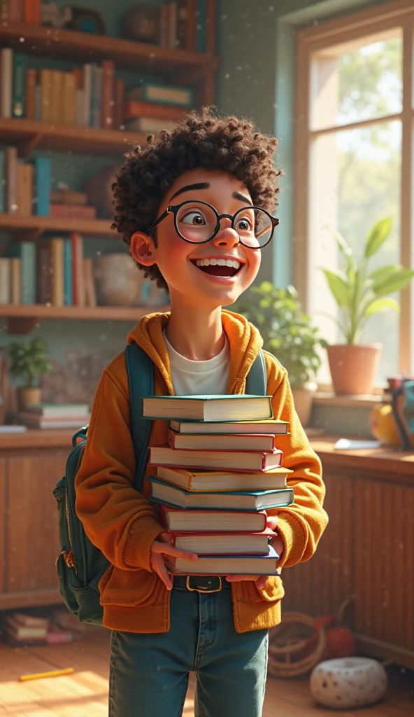 Create a picture of a student holding books and laughing wearing ...