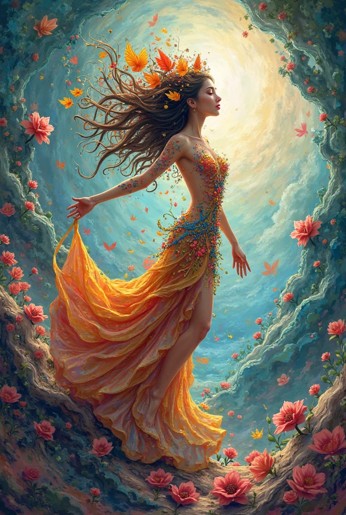 The prompt for the given theme would be:

"arcane goddess, lush nature, barefooted, giant),(Invading, Cityscape),(Detailed face and expression),oil painting,ultra-detailed,high resolution, vivid colors,soft lighting,Mythology"