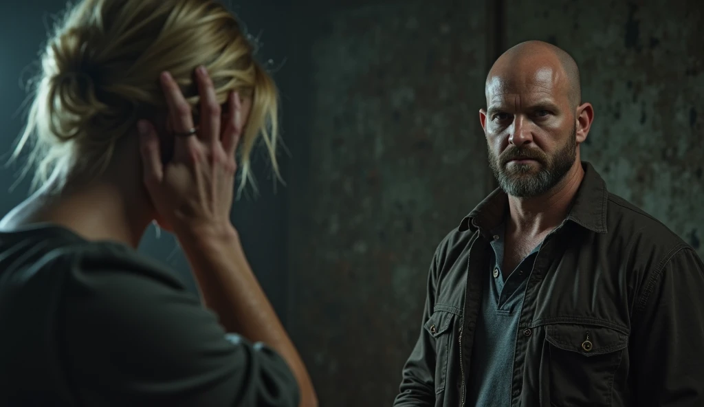 Husband furious with his blonde wife, inside the dark room with little light