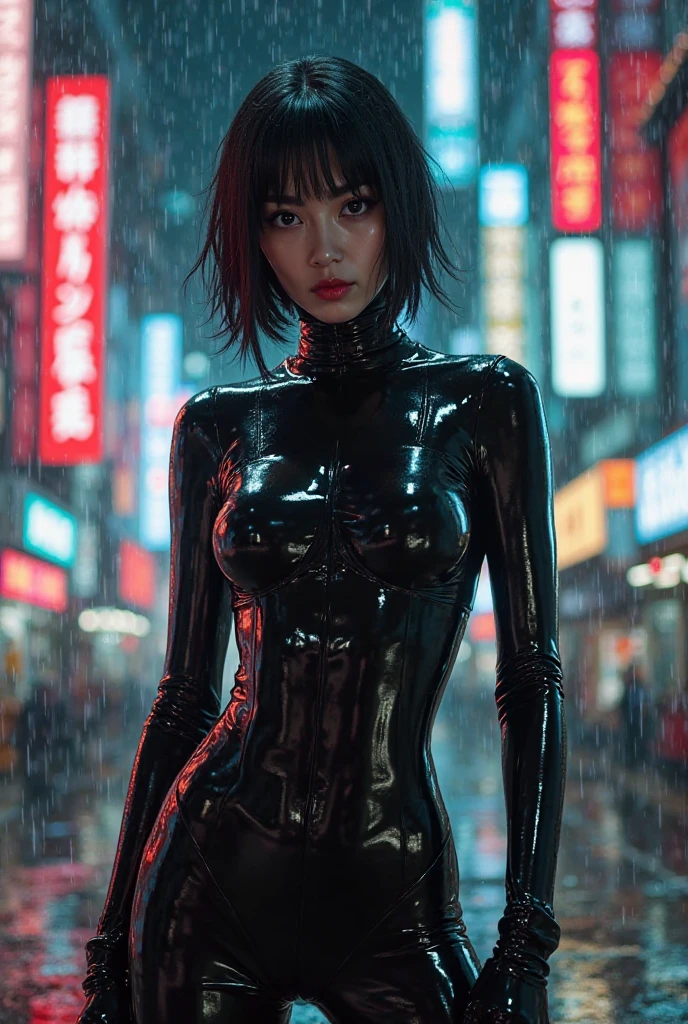 Half body shot of a goth woman dressed in lather bodysuit standing in a cyberpunk city alley at night while raining, rainy night, thriller movie atmosphere, dark scenario, cinematic, ultra detailed.