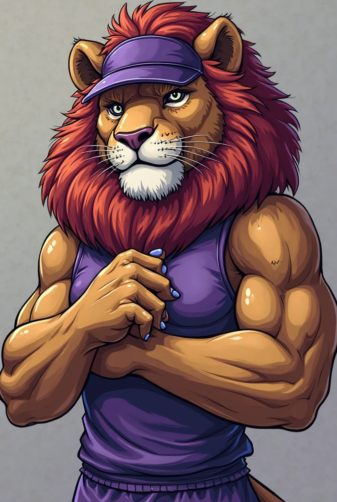 "Male lion antro with light gray fur, lighter snout and short red mane. The blue irises shine in the eyes of the shaped creature, whose anatomy is presented with the utmost precision. The lion projects a type, he's alone, wearing a blue shirt and white shorts."
