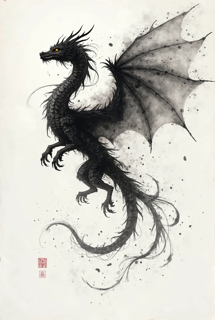 A dragon flies through the air,In the style of colorful ink painting,Gesture markers,Light black and gray,Humorous animal scenes,striking scenery,Clear framework