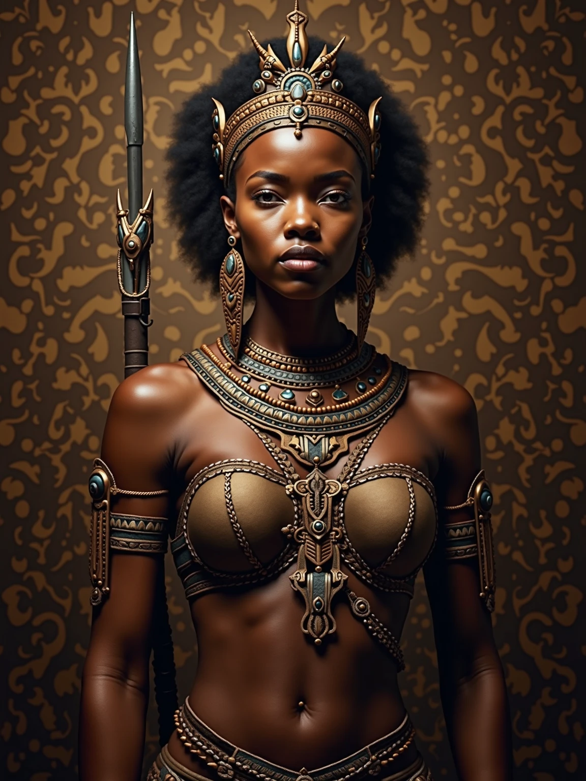a highly detailed, realistic representation of Queen Nzinga, thick figure, attractive, gorgeous, beautiful, queen, African warrior attire, adorned with tribal jewelry and a striking expression.