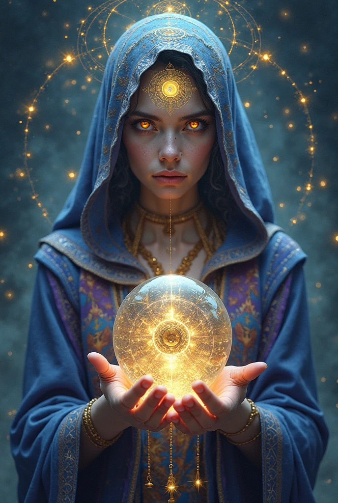 An enigmatic seer of eyes bright and ethereal, reflecting constellations in its pupils, as if contemplating destiny itself. His forehead shines with a third mystical eye, radiating golden, pulsating light. Its silhouette is wrapped in floating tunics of blue and purple tones, decorated with heavenly patterns and arcane symbols.

facing her, a crystal sphere levitates, showing fragmented visions of the past,  present and future tattoo: shadows of unknown events, spectral figures intertwined in time, and lines golden ones that connect the destinies of souls.

The background is a vast hazy cosmos, with vibrant stars and energy portals that rotate in a spiral. The atmosphere is charged with a mystical and transcendental aura, where flashes of light and floating runes swirl in the air, as if the universe itself were whispering its secrets.  His hands are extended , channeling cosmic energy, while threads of light intertwine their being with the essence of absolute knowledge