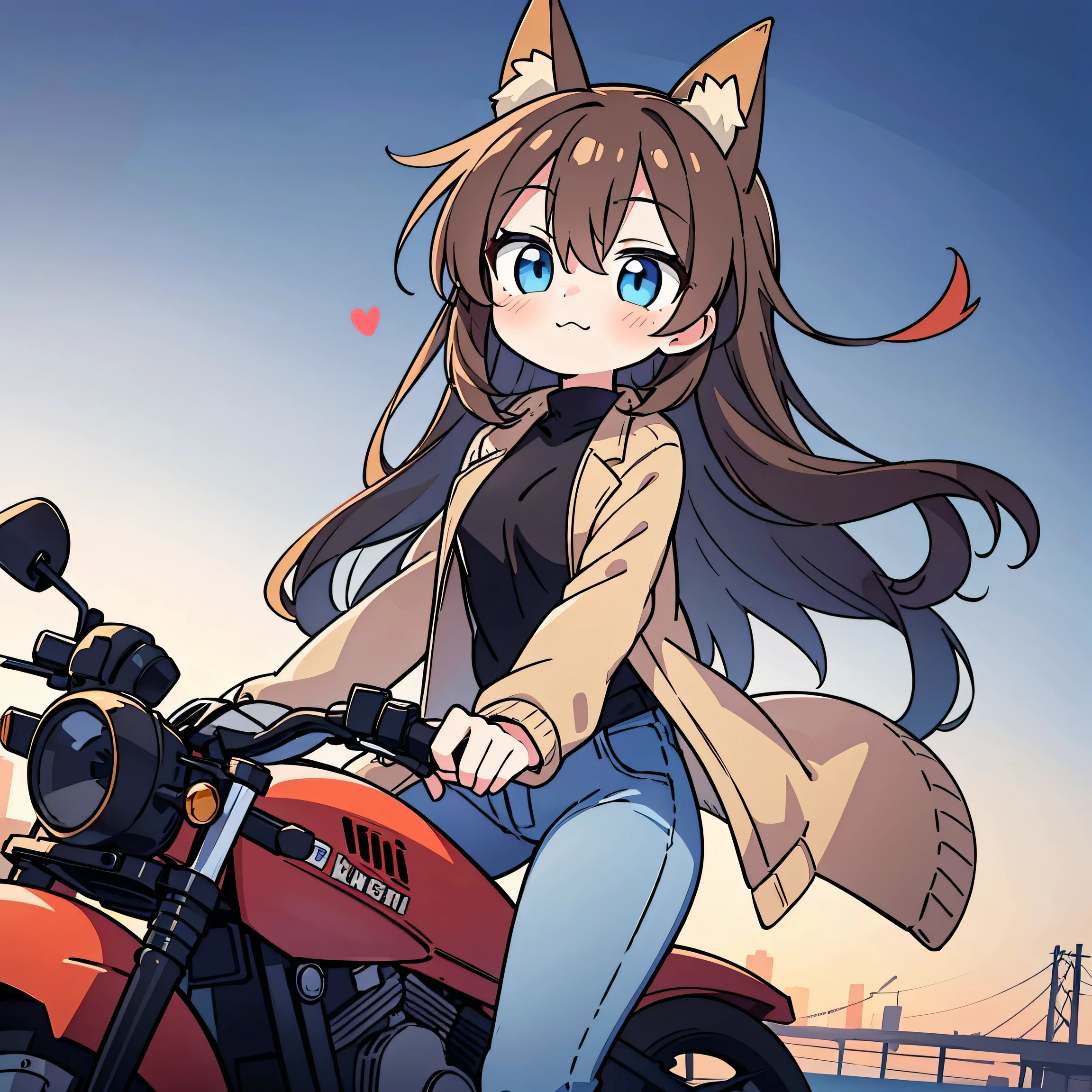    anime style、 cute face、 girls on the left１people、Fox Ears、brown hair、 blue eyes、 long hair、 Beige Jackets 、jeans、riding a motorcycle