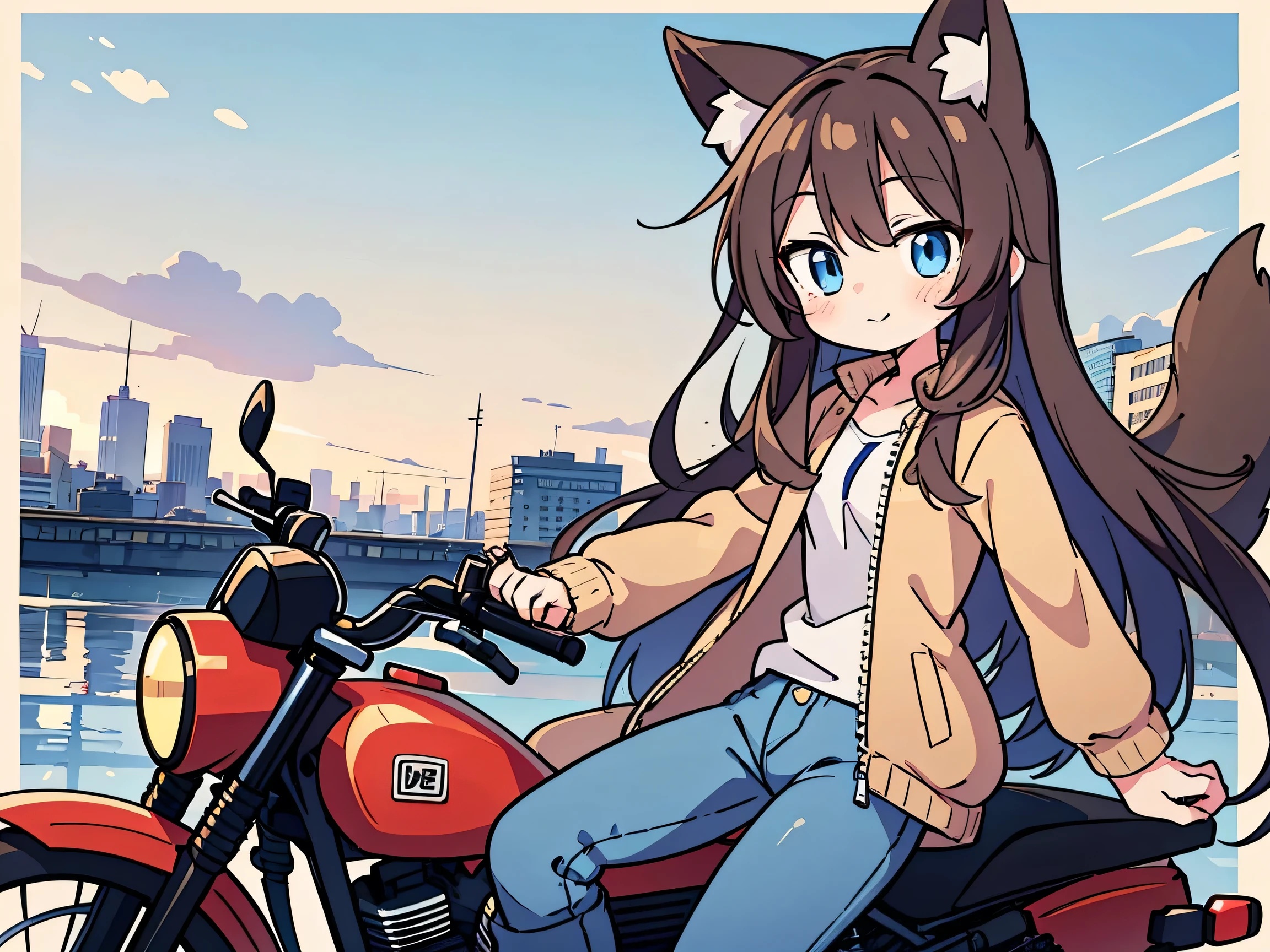 anime style、 cute face、 girls on the left1people、Fox Ears、brown hair、 blue eyes、 long hair、 Beige Jackets 、jeans、riding a motorcycle