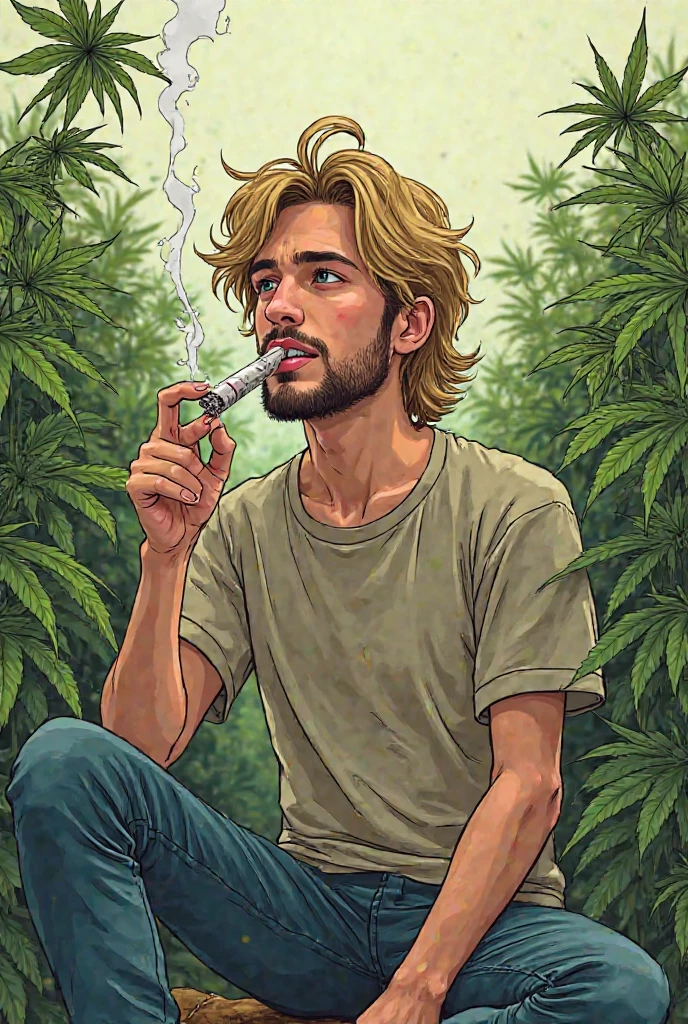 Pixar-style image of a 21-year-old man with long, slightly curly hair wearing Rick Owens holding a marijuana cigarette with red eyes surrounded by icons of world conspiracies