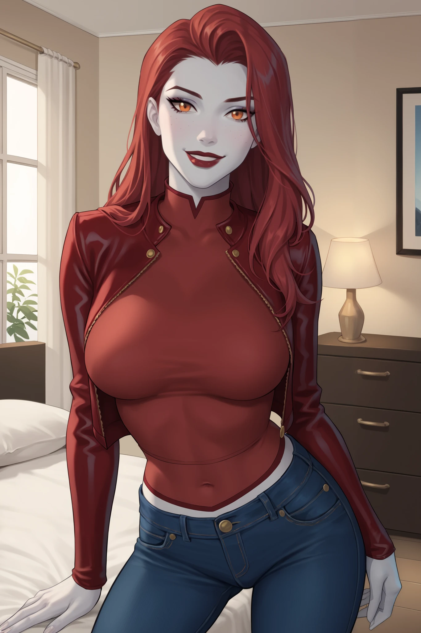PonyXLV6_Scores BREAK (perfect anatomy, perfect eyes), BREAK mgann morzz, long hair, red hair, colored skin, frost white skin, orange eyes, makeup, dark red lipstick, ((looking at viewer)), superhero, crimson crop top, crimson leather jacket, crimson jeans, curvy, athletic, large breasts, indoors, smile, bedroom, confident expression, open jacket, long sleeve