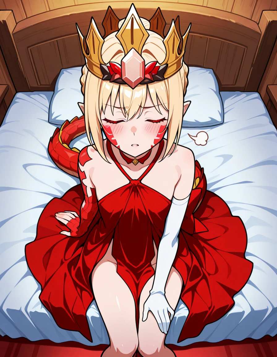 NSFW,Fate,Beast Nero,B1,1 girl, Girl,Small breasts,Embarrassed,blush,Red Dress,Luxury Room,Canopy bed,Lying down,Leg spread,(Perfect hands),(Perfect Anatomy),(masterpiece),(highest quality),Tattoo,Frustrated face