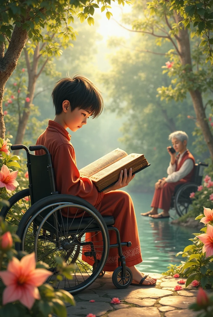 Imagine a young boy, a prodigy in science, technology, and machines, surrounded by the serene beauty of nature. With a curious sparkle in his eyes, he builds intricate devices amidst lush greenery, where circuits meet leaves and gears turn with the rhythm of a babbling brook. His passion for innovation blends seamlessly with his love for the natural world, creating a harmony between the digital and the organic.