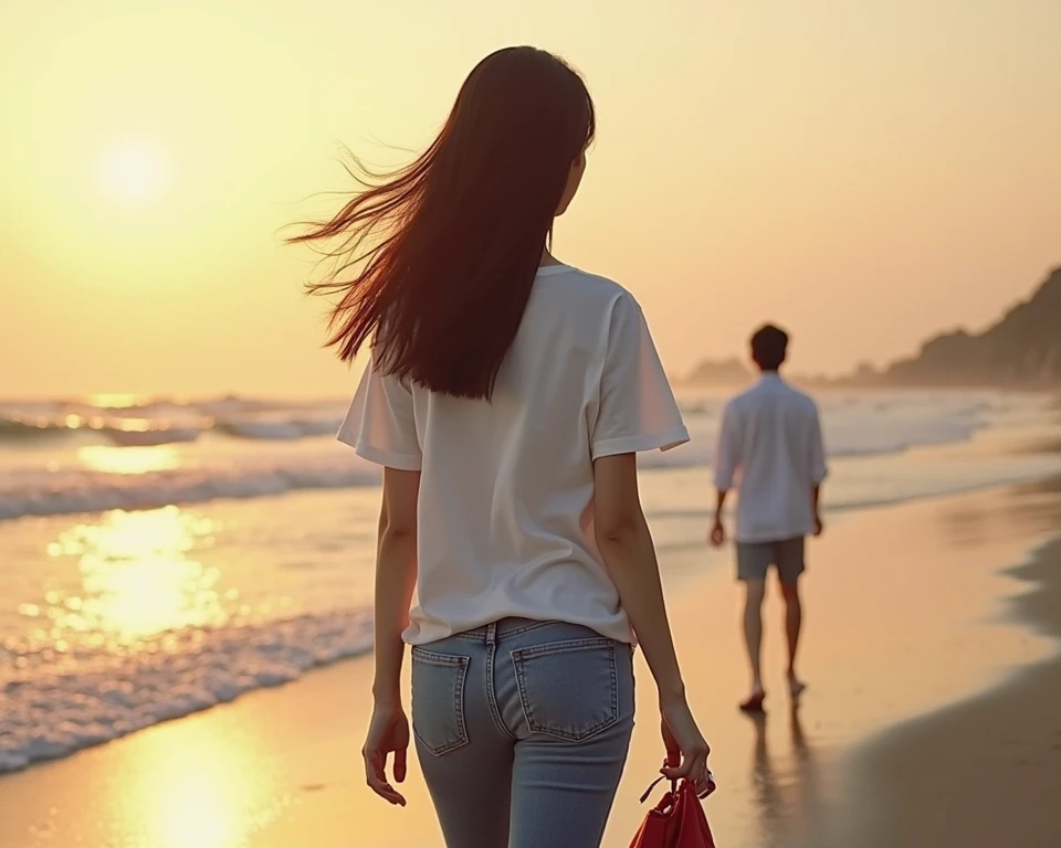 Realistic, ((full body image)), ((1 boy, 1 girl)), walking together on the beach, walking very close together, (the boy are holding hands as they walk), ((1 16-year-old girl), small breasts, small butt, long brown hair, trim athletic body, barefoot, beautiful perfect face, (wearing an elegant white very short dress, dress has a very narrow waist band), ((urination, she is looking down with a very desperate look on her face, she is desperate to pee, she has one hand in her crotch trying to hold her pee))), (1 boy, muscular, wearing a white t-shirt and ((full length denim blue jeans)), barefoot, looking admiringly at the girl lovingly as they walk), the sun is setting over the ocean with a very romantic glow on the scene.