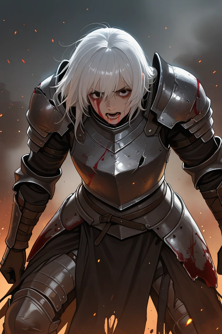 Young man, blonde hair with braids, red eyes, wearing armor with tubes of blood all over his body, evil look