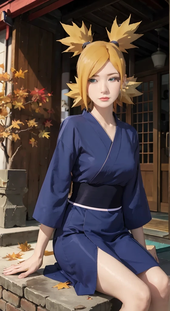 a close up of a person with long hair and a dress sexy, temari, temari from naruto, from naruto, as an anime character, perfect anime face, she has dark blue hair with bangs, female anime character, anime character, anime best girl, hime cut hairstyle, yellow hair, (red glossy lips:1.3), green eyes, very big breasts, realistic, ultra detail, indoor background, sexy clothes