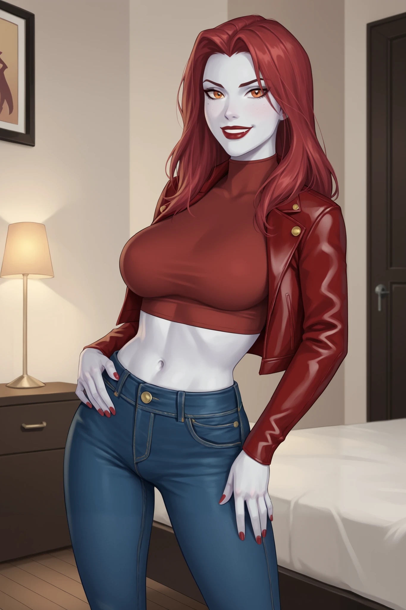 PonyXLV6_Scores BREAK (perfect anatomy, perfect eyes), BREAK mgann morzz, long hair, red hair, colored skin, frost white skin, orange eyes, makeup, dark red lipstick, ((looking at viewer)), superhero, crimson crop top, crimson leather jacket, crimson jeans, curvy, athletic, large breasts, indoors, smile, bedroom, confident expression, open jacket, long sleeve